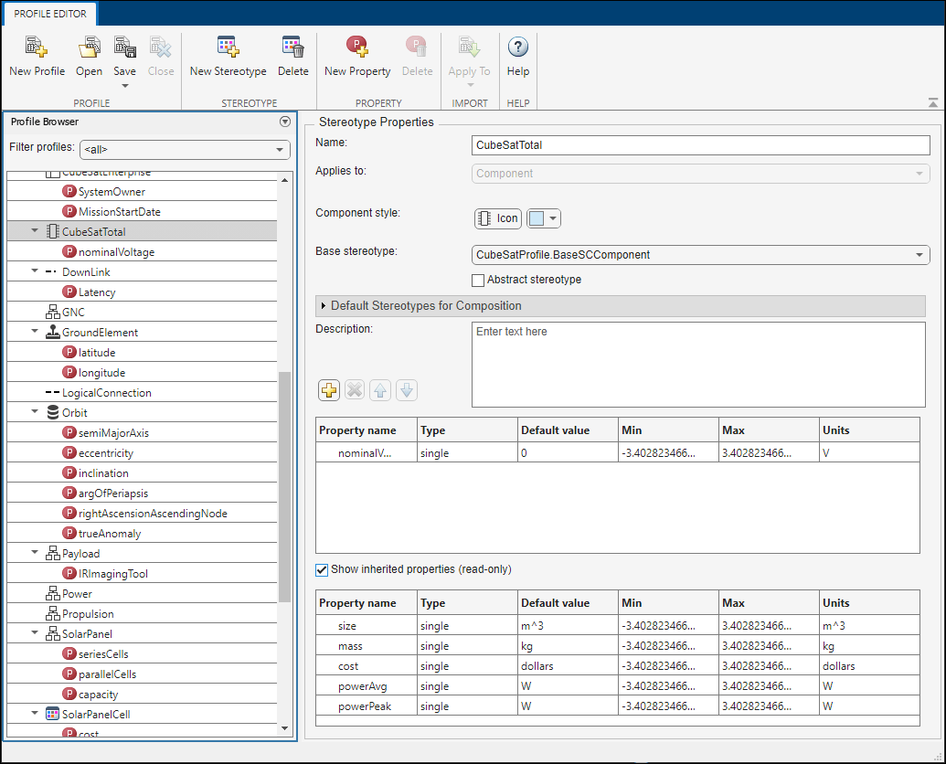 Profile Editor with CubSatTotal stereotype open