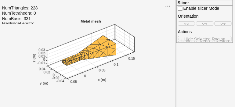 Figure contains an axes object and other objects of type uipanel. The axes object with title Metal mesh, xlabel x (m), ylabel y (m) contains 2 objects of type patch, surface. These objects represent PEC, feed.