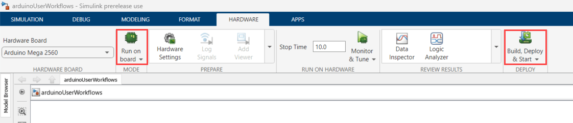 Prepare, Configure, and Run Simulink Model for Different User Workflows on Arduino