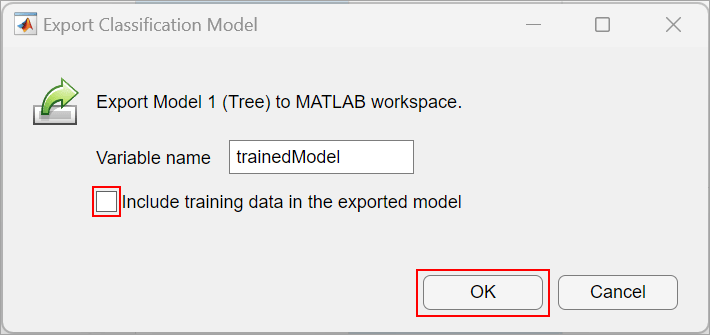 Figure shows Export Classification Model dialog box.
