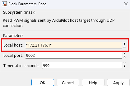 Read subsystem of the Plane_UAV_Dynamics.slx model, with the Local host parameter containing the Windows virtual IP address highlighted by a red rectangle.