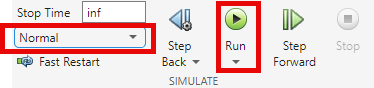 Simulate section of the Simulink Toolstrip, the simulation mode dropdown and Run button highlighted by red rectangles.