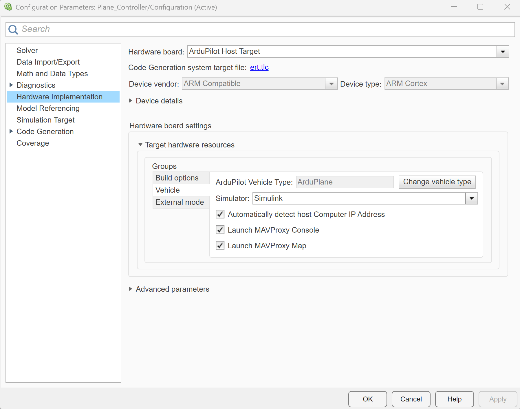 Plane_Controller.slx model settings, showing the Vehicle tab.