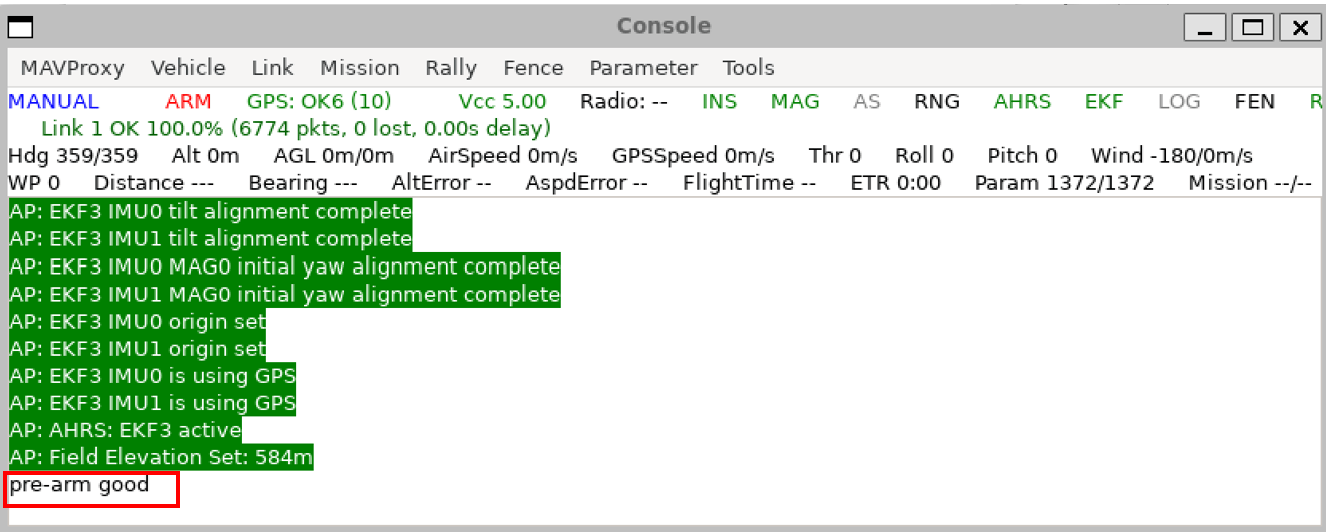 MAVProxy console that shows pre-arm process is completed.