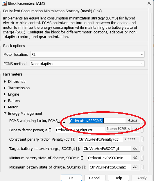 Block parameters dialog for ECMS showing motor location set to P2, ECMS method as Non-adaptive, and energy management parameters including ECMS weighting factor highlighted.