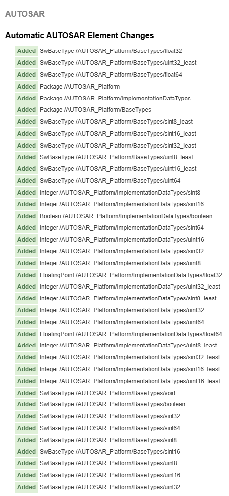 Automatic AUTOSAR Element Changes report listing added SwBaseType, ImplementationDataType, and Package elements under AUTOSAR_Platform