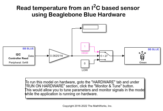 Read Temperature from TMP102 Sensor Using BeagleBone Blue Hardware