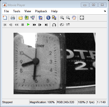 Figure Movie Player contains an axes object and other objects of type uiflowcontainer, uimenu, uitoolbar. The axes object contains an object of type image.