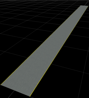 A RoadRunner scene with a single‑lane road bordered on both sides by solid yellow lines.