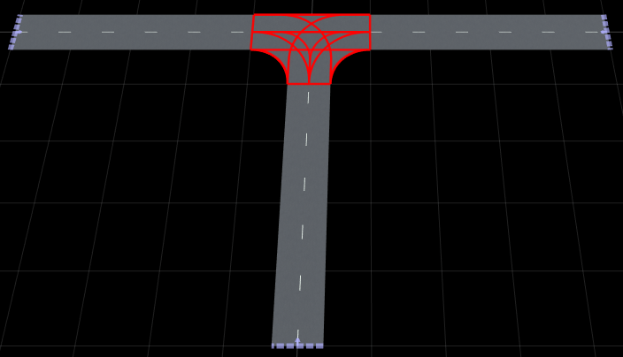 RoadRunner scene canvas showing the built scene in the RoadRunner canvas, with the red highlights indicating the maneuver lanes inside the junction.