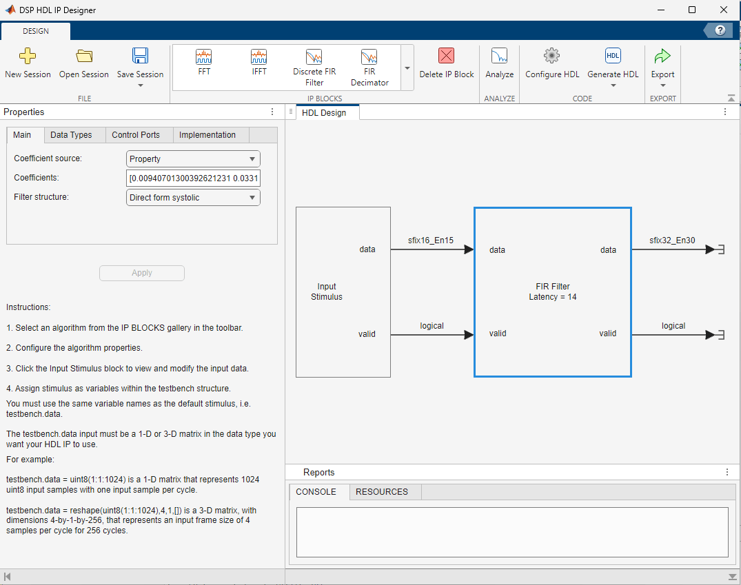DSP HDL IP Designer app, showing an FIR Filter algorithm loaded from a preconfigured object