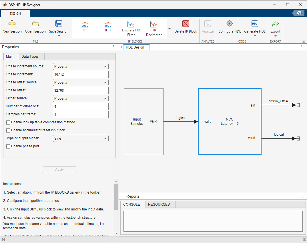 DSP HDL IP Designer app showing an NCO algorithm loaded from a preconfigured object