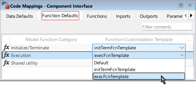 Code Mappings editor open with the Function Defaults tab selected. The values initTermFcnTemplate and execFcnTemplate are selected from the Function Custom Template list for the Initialize/Terminate and Execution categories, respectively.