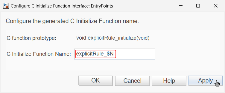 Configure C Initialize Function Interface dialog box. The value of C Initialize Function Name is explicitRule_$N. The value of C function prototype is void explicitRule_initialize(void).