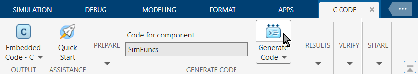 Simulink Toolstrip with the C Code tab selected. The mouse cursor is clicking the Generate Code button.
