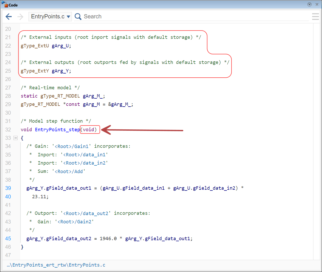 Code pane showing the instantiation of the structures gArg_U and gArg_Y as global variables in the source code file EntryPoints.c. The Code pane also shows the definition of the void-void function EntryPoints_step.