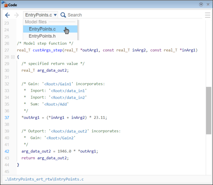 Code pane showing the definition of the generated function custArgsStepFcn in the generated source code file EntryPoints.c. The function prototype is real_T custArgsStepFcn(real_T star outArg1, const real_T inArg2, const real_T star inArg1).