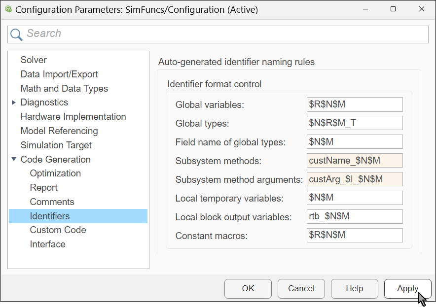 Configuration Parameter dialog box with the Code Generation > Identifiers selected. The configuration parameters System methods and System method arguments are highlighted with the values custName_$N$M and custArg_$I_$N$M, respectively.
