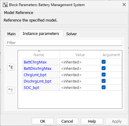 Model reference block parameters dialog showing the instance-specific parameters.