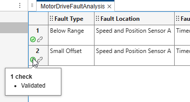 Each row has a check flag next to the link icon. The cursor points to the check flag in the second row. A dialog box shows the information next to the cursor.