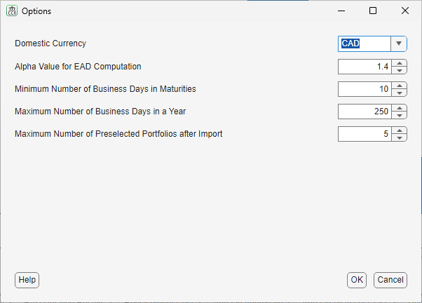 Options dialog box of SA-CCR Analyzer app, with Domestic Currency set to CAD