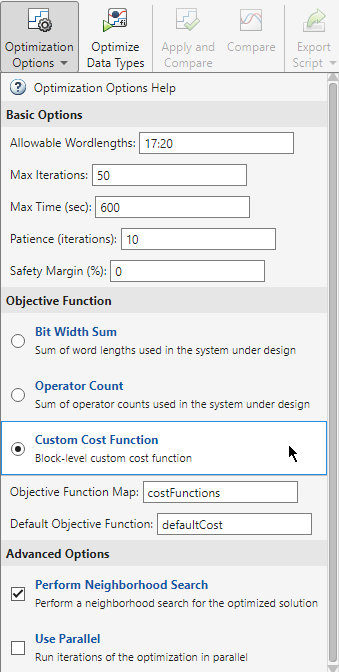 The optimization options drop-down menu in the fixed point tool shows a custom cost function selected as the objective function, with the specified objective function map and default objective function.