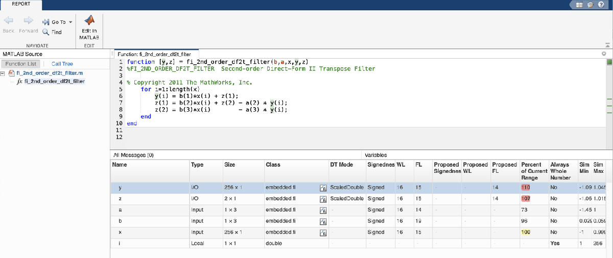 Figure contains 2 axes objects. Axes object 1 with title Fixed-Point Chirp, xlabel Time (s), ylabel Amplitude contains 3 objects of type line. One or more of the lines displays its values using only markers These objects represent Input, Scaled-double output, Fixed-point output. Axes object 2 with title Error, xlabel t, ylabel err contains an object of type line.