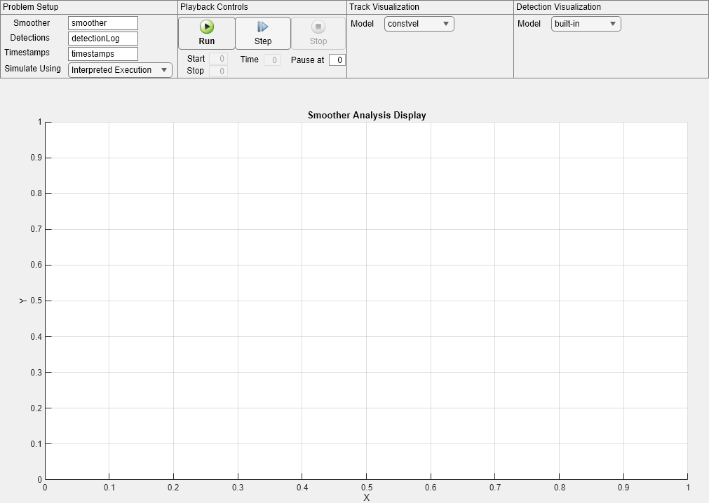 Figure Smoother Analysis App contains an axes object and other objects of type uipanel. The axes object with title Smoother Analysis Display, xlabel X, ylabel Y is empty.