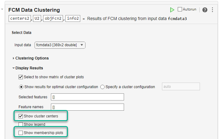 In the task, the Display Results secton is expanded. In this section, the Show cluster centers parameter is selected and the Show membership plots parameter is cleared.