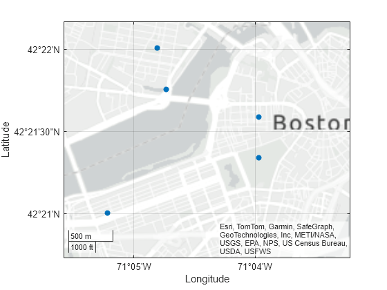 Figure contains an axes object with type geoaxes. The geoaxes object contains an object of type scatter.