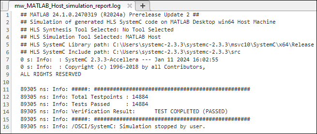 HLS simulation report using MATLAB Host