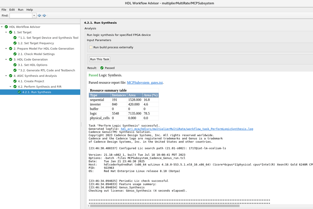HDL Workflow Advisors Run Synthesis tasks Result pane