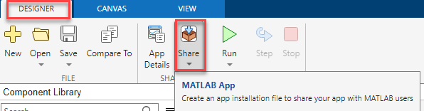 Designer tab in App Designer, showing the Share button with the MATLAB App option to create an app installation file
