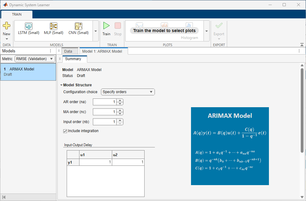 Summary tab in the app showing the model configuration options