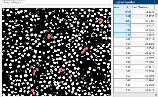 In the Image Region Analyzer app, the six largest regions are selected in the table of region properties, and the corresponding regions in the binary images are highlighted in red.