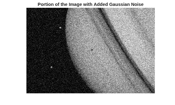 Figure contains an axes object. The hidden axes object with title Portion of the Image with Added Gaussian Noise contains an object of type image.