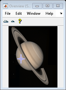 Figure Overview (Saturn) contains an axes object and other objects of type uipanel, uitoolbar, uimenu. The axes object contains 8 objects of type line, patch, image.