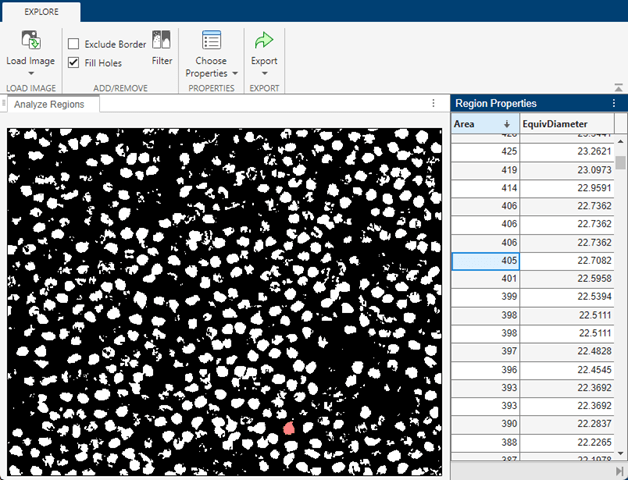 In the Image Region Analyzer app, the region with area 405 is selected in the table of region properties, and the corresponding region in the binary images is highlighted in red. The region is approximately round, representative of a single nucleus.