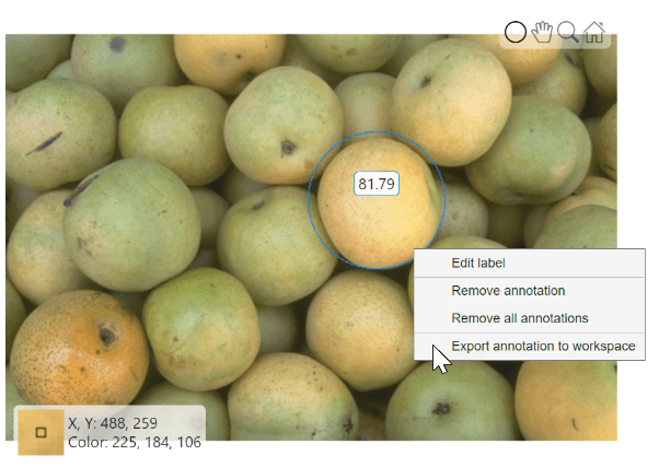Pears image with a circle ROI around one object and the right-click context menu visible