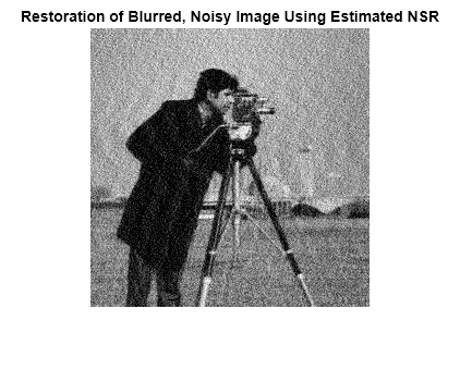 Figure contains an axes object. The axes object with title Restoration of Blurred, Noisy Image Using Estimated NSR contains an object of type image.