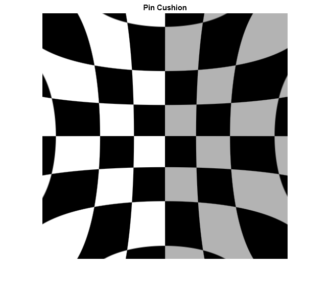 Figure contains an axes object. The axes object with title Pin Cushion contains an object of type image.