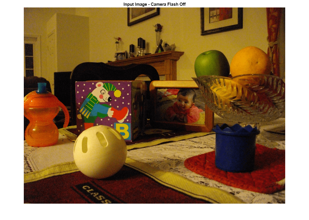 Figure contains an axes object. The axes object with title Input Image - Camera Flash Off contains an object of type image.