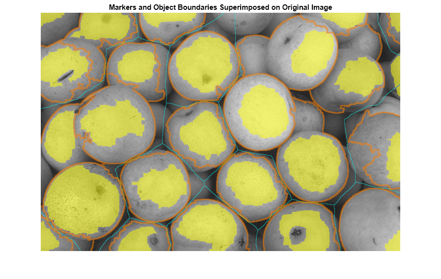 Figure contains an axes object. The axes object with title Markers and Object Boundaries Superimposed on Original Image contains an object of type image.