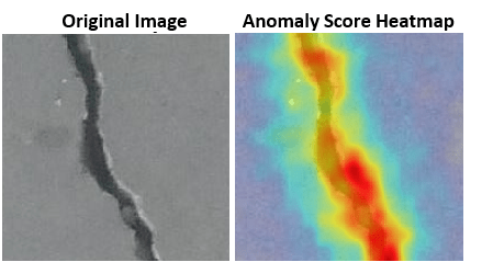 Original image of a crack in concrete, and the corresponding anomaly score heatmap.