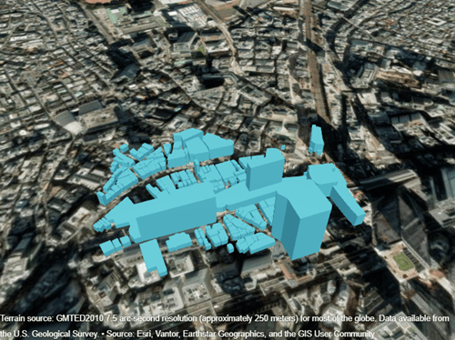 Blue buildings displayed over satellite imagery