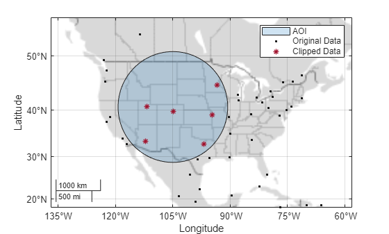 Figure contains an axes object with type geoaxes. The geoaxes object contains 3 objects of type polygon, point. These objects represent AOI, Original Data, Clipped Data.