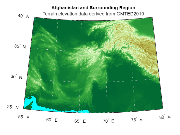 Figure contains an axes object. The hidden axes object with title Afghanistan and Surrounding Region contains 14 objects of type patch, surface, line, text.