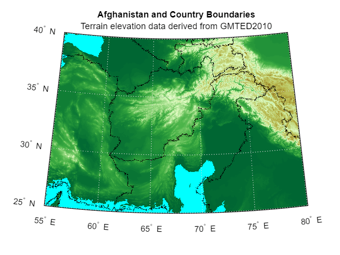 Figure contains an axes object. The hidden axes object with title Afghanistan and Country Boundaries contains 14 objects of type patch, surface, line, text.