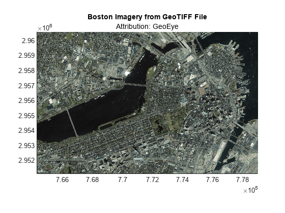 Figure contains an axes object. The axes object with title Boston Imagery from GeoTIFF File contains an object of type image.