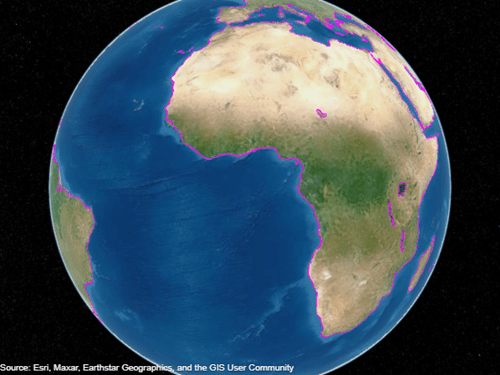 A globe with a cyan line along coastlines. The line is visible over the basemap.